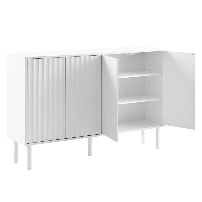 4-Door Fluted Storage Cabinet on 5 Solid Wood Legs with 5 Adjustable Shelves, 55x13.7x35.4