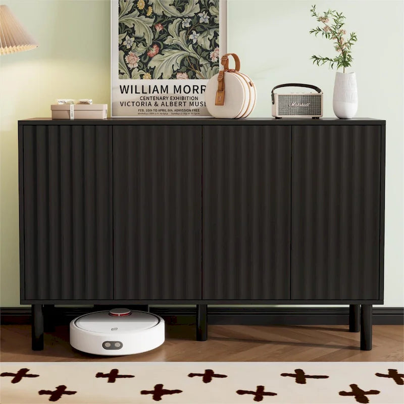 4-Door Fluted Storage Cabinet on 5 Solid Wood Legs with 5 Adjustable Shelves, 55x13.7x35.4