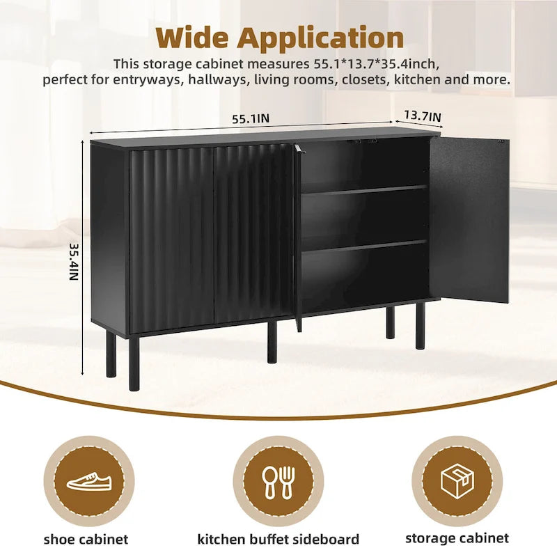 4-Door Fluted Storage Cabinet on 5 Solid Wood Legs with 5 Adjustable Shelves, 55x13.7x35.4