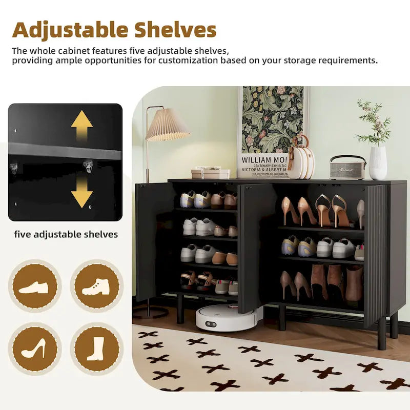 4-Door Fluted Storage Cabinet on 5 Solid Wood Legs with 5 Adjustable Shelves, 55x13.7x35.4