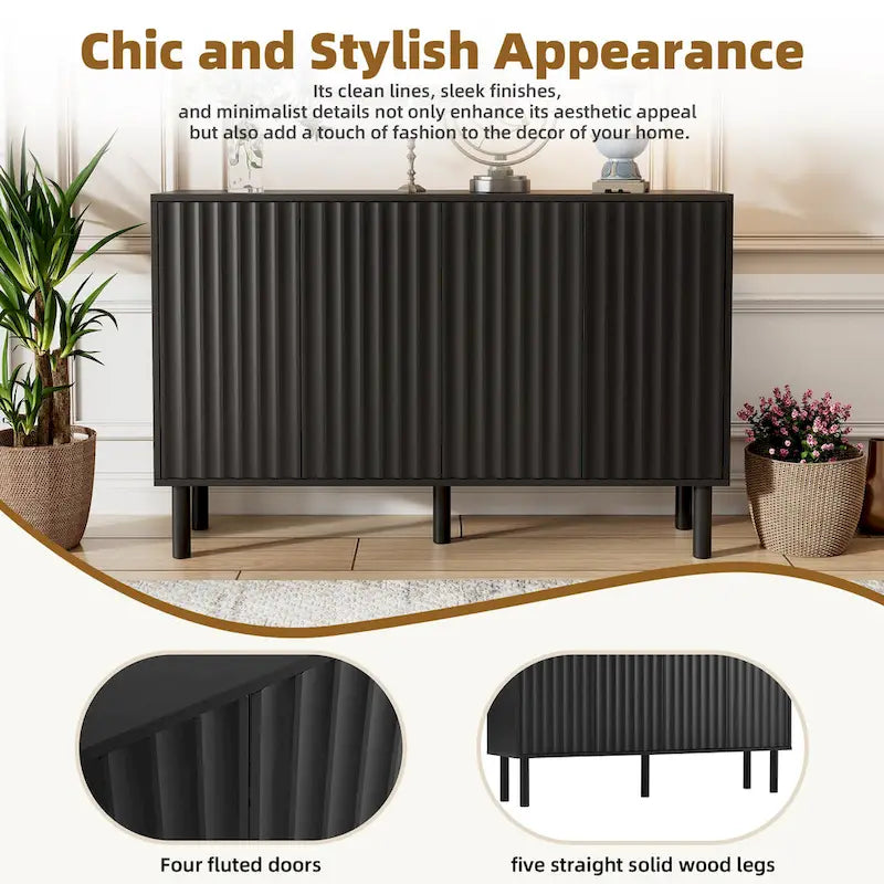 4-Door Fluted Storage Cabinet on 5 Solid Wood Legs with 5 Adjustable Shelves, 55x13.7x35.4
