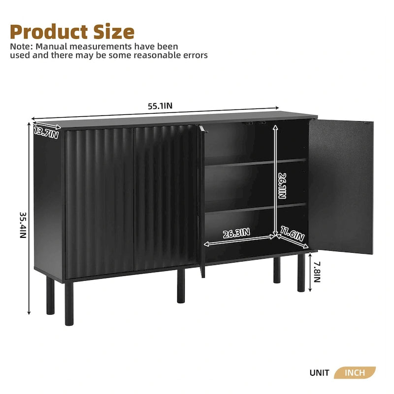 4-Door Fluted Storage Cabinet on 5 Solid Wood Legs with 5 Adjustable Shelves, 55x13.7x35.4