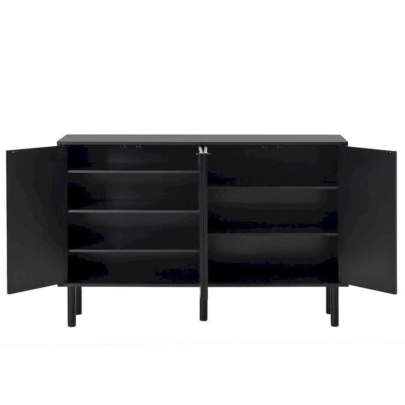 4-Door Fluted Storage Cabinet on 5 Solid Wood Legs with 5 Adjustable Shelves, 55x13.7x35.4