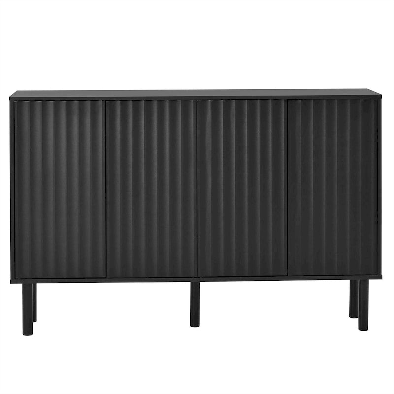 4-Door Fluted Storage Cabinet on 5 Solid Wood Legs with 5 Adjustable Shelves, 55x13.7x35.4