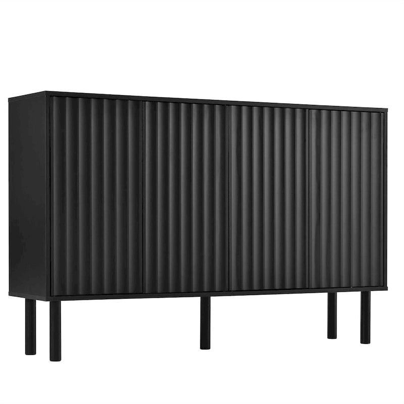 4-Door Fluted Storage Cabinet on 5 Solid Wood Legs with 5 Adjustable Shelves, 55x13.7x35.4