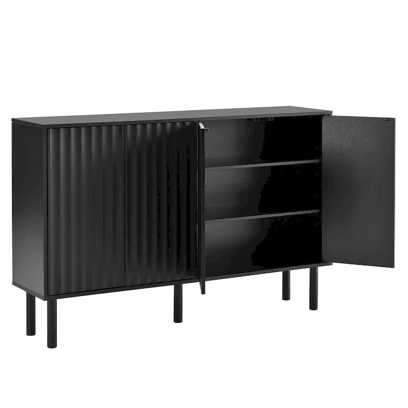 4-Door Fluted Storage Cabinet on 5 Solid Wood Legs with 5 Adjustable Shelves, 55x13.7x35.4