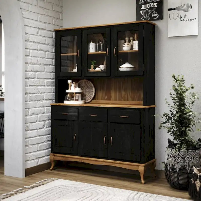 Solid Pine Wood Dining Hutch Display Cabinet, 57.2x12.4x41.9