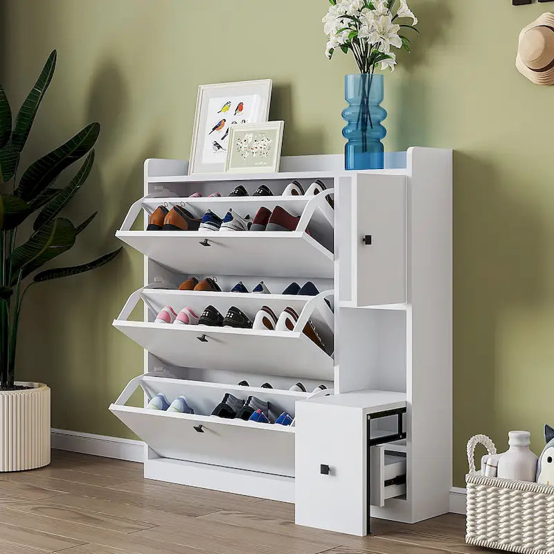Flip-Down Seat Shoe Cabinet with 3 Drawers, Anti-Tip Device, Holds 24 Pairs