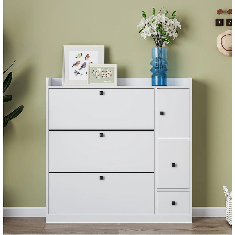 Flip-Down Seat Shoe Cabinet with 3 Drawers, Anti-Tip Device, Holds 24 Pairs