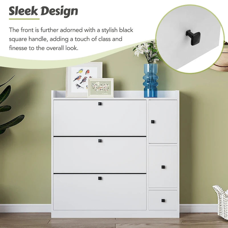 Flip-Down Seat Shoe Cabinet with 3 Drawers, Anti-Tip Device, Holds 24 Pairs
