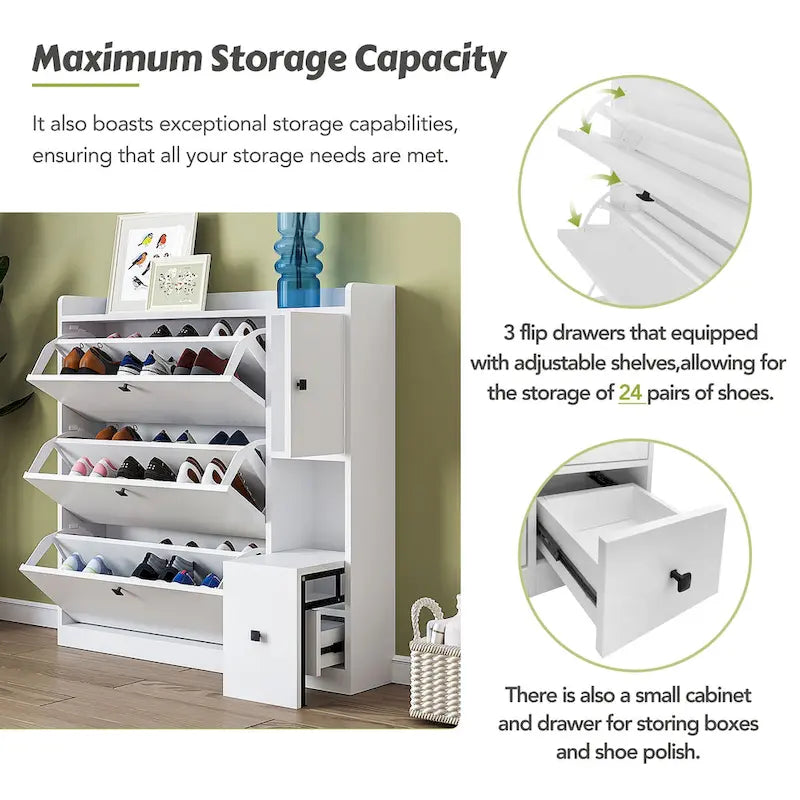 Flip-Down Seat Shoe Cabinet with 3 Drawers, Anti-Tip Device, Holds 24 Pairs