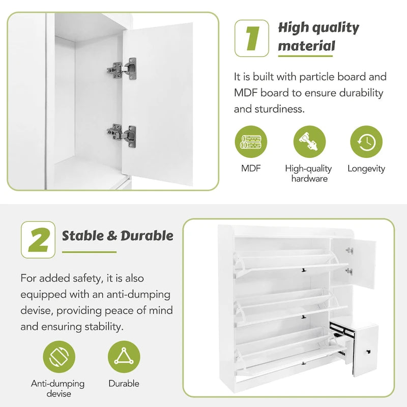 Flip-Down Seat Shoe Cabinet with 3 Drawers, Anti-Tip Device, Holds 24 Pairs