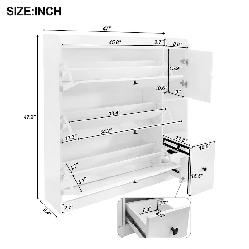 Flip-Down Seat Shoe Cabinet with 3 Drawers, Anti-Tip Device, Holds 24 Pairs