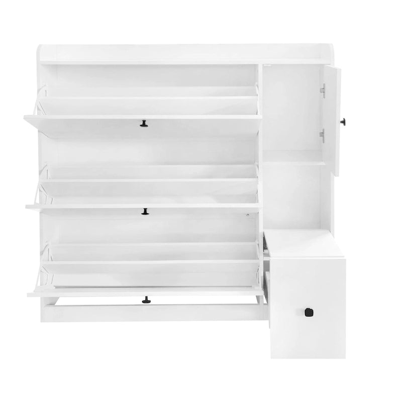 Flip-Down Seat Shoe Cabinet with 3 Drawers, Anti-Tip Device, Holds 24 Pairs