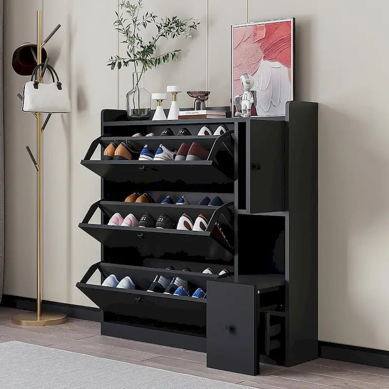 Flip-Down Seat Shoe Cabinet with 3 Drawers, Anti-Tip Device, Holds 24 Pairs