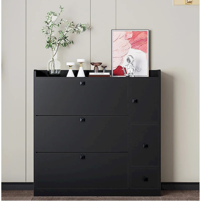 Flip-Down Seat Shoe Cabinet with 3 Drawers, Anti-Tip Device, Holds 24 Pairs
