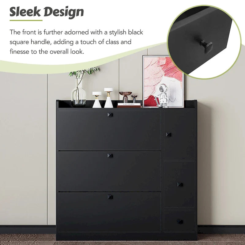 Flip-Down Seat Shoe Cabinet with 3 Drawers, Anti-Tip Device, Holds 24 Pairs