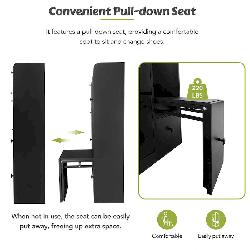 Flip-Down Seat Shoe Cabinet with 3 Drawers, Anti-Tip Device, Holds 24 Pairs