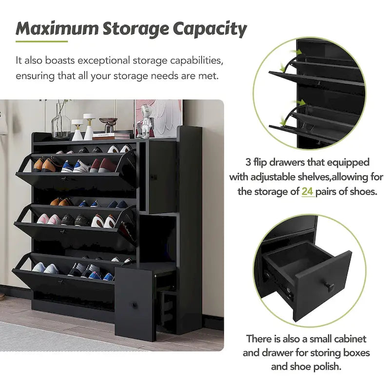 Flip-Down Seat Shoe Cabinet with 3 Drawers, Anti-Tip Device, Holds 24 Pairs