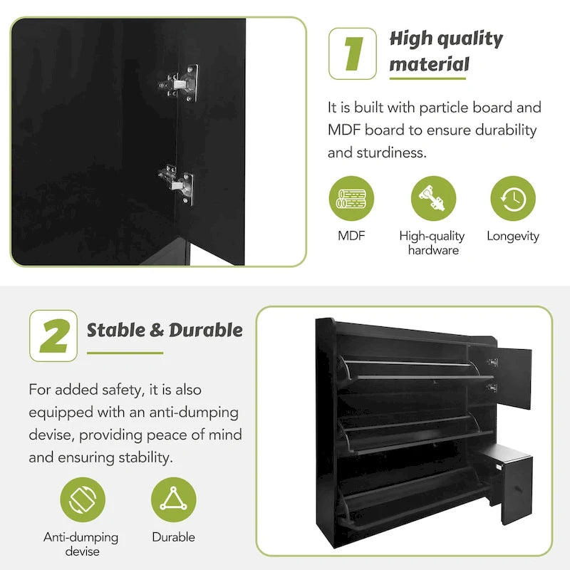 Flip-Down Seat Shoe Cabinet with 3 Drawers, Anti-Tip Device, Holds 24 Pairs