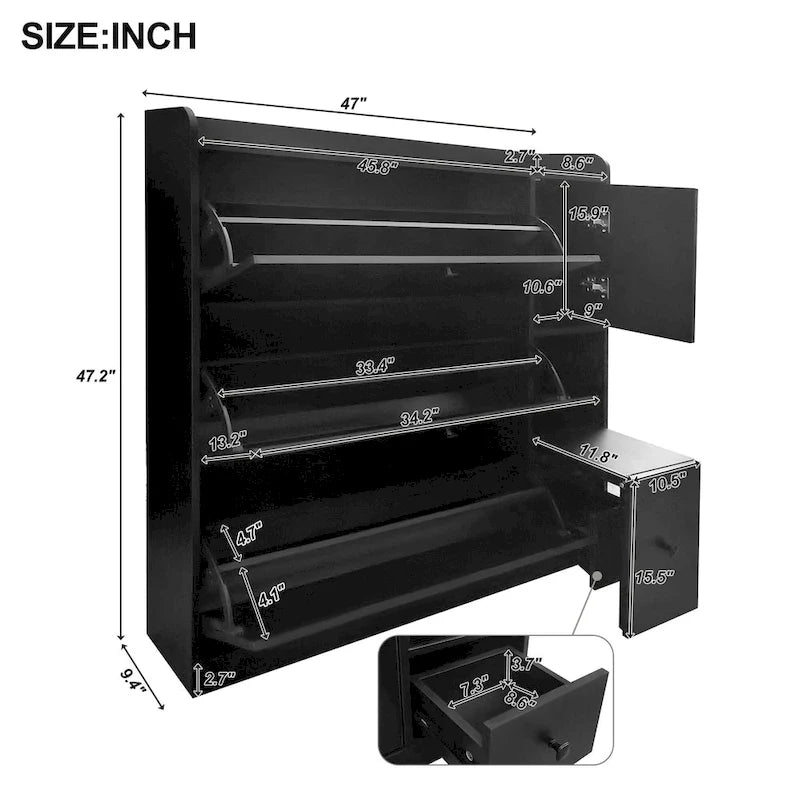 Flip-Down Seat Shoe Cabinet with 3 Drawers, Anti-Tip Device, Holds 24 Pairs