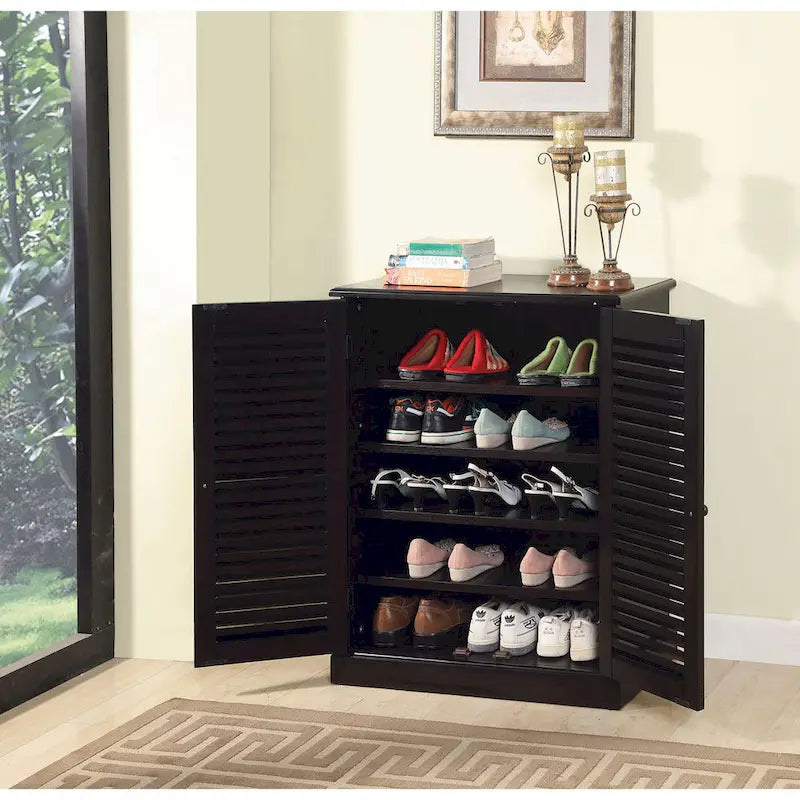 Shoe Cabinet with Louver Design Doors and Adjustable Shelves, Espresso or Oak Finish