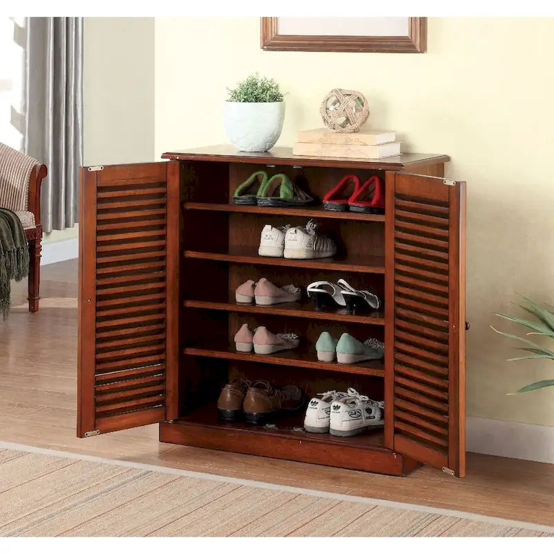 Shoe Cabinet with Louver Design Doors and Adjustable Shelves, Espresso or Oak Finish