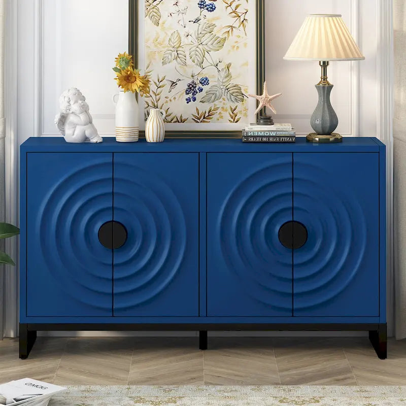 Water Wave Door Sideboard with Rubberwood Veneer and Adjustable Shelves