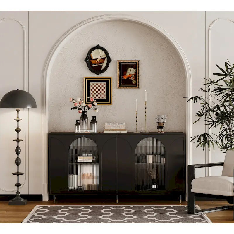 4-Glass-Door Black Lacquered Wood Sideboard Buffet Server Storage Cabinet