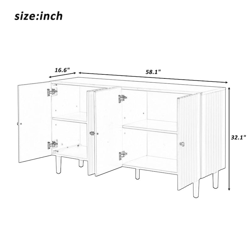 4-Door Sideboard Cabinet with Wavy Pattern Doors, Cylindrical Legs and Metal Handles