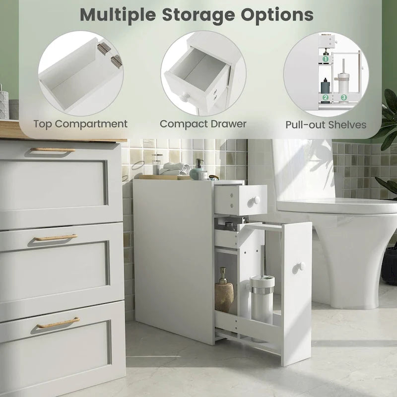 Narrow Freestanding Bathroom Floor Cabinet with Toilet-Side Storage Organizer