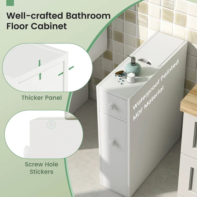 Narrow Freestanding Bathroom Floor Cabinet with Toilet-Side Storage Organizer