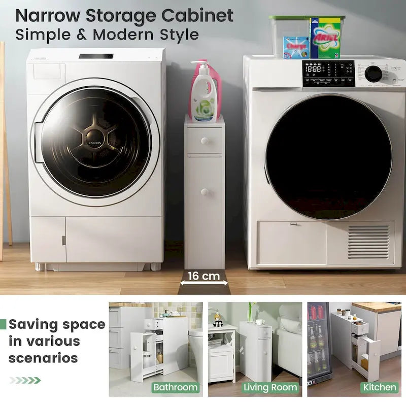 Narrow Freestanding Bathroom Floor Cabinet with Toilet-Side Storage Organizer