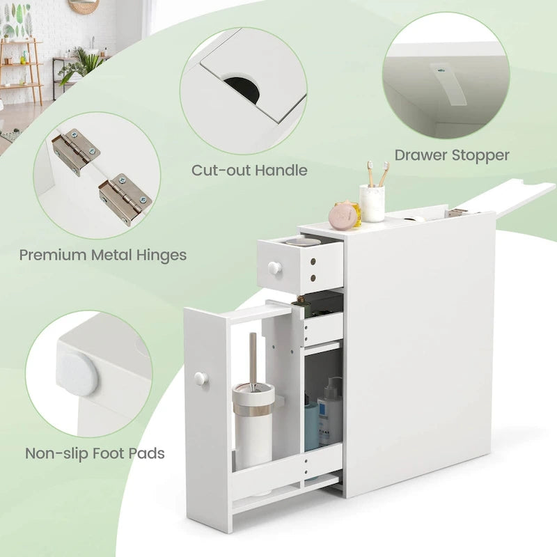 Narrow Freestanding Bathroom Floor Cabinet with Toilet-Side Storage Organizer