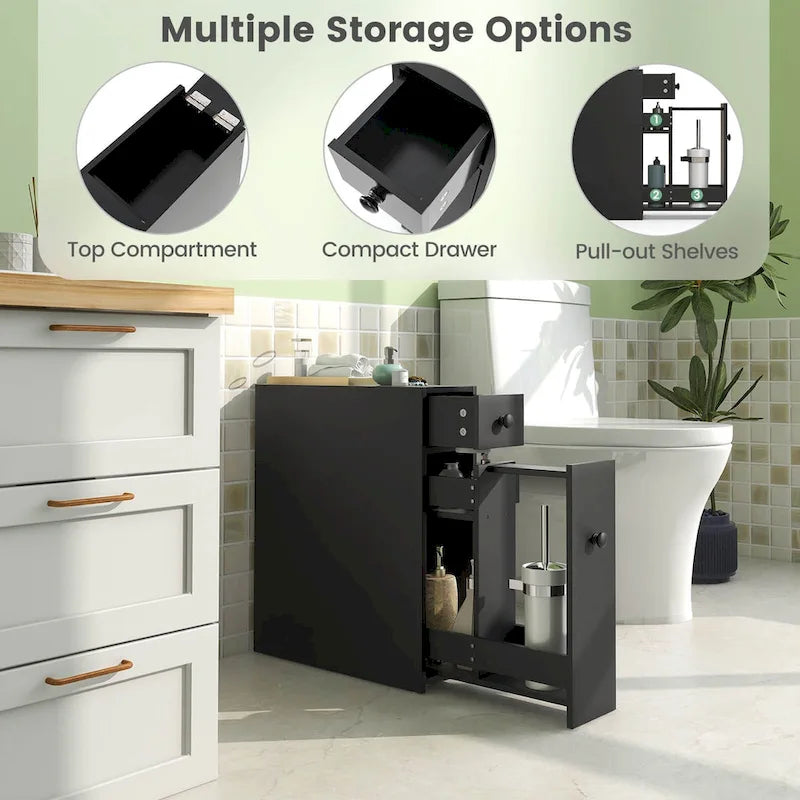 Narrow Freestanding Bathroom Floor Cabinet with Toilet-Side Storage Organizer