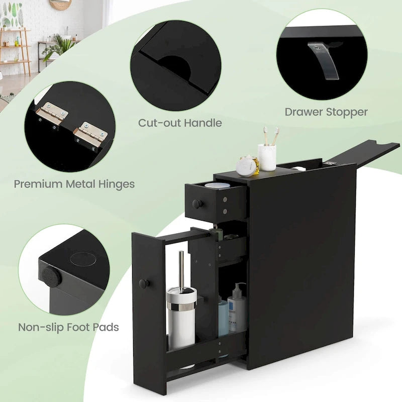 Narrow Freestanding Bathroom Floor Cabinet with Toilet-Side Storage Organizer