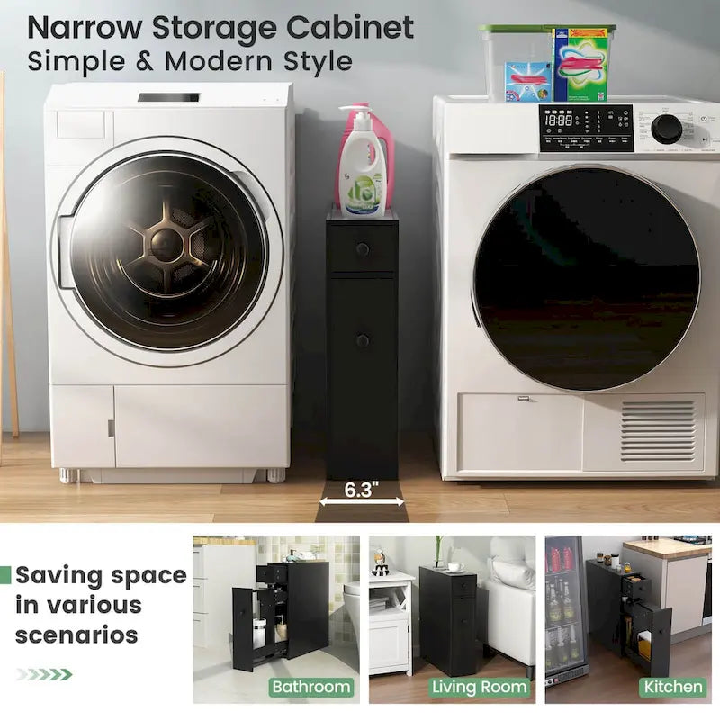 Narrow Freestanding Bathroom Floor Cabinet with Toilet-Side Storage Organizer