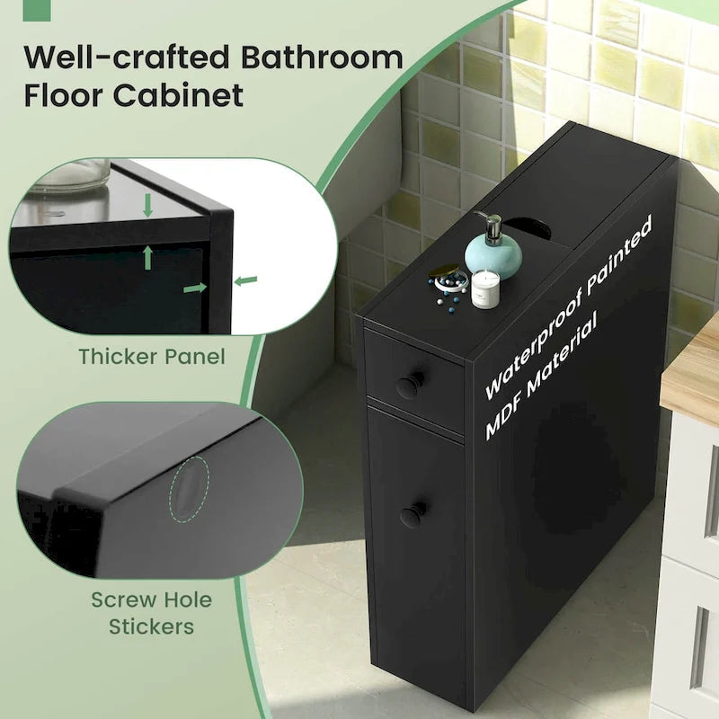 Narrow Freestanding Bathroom Floor Cabinet with Toilet-Side Storage Organizer