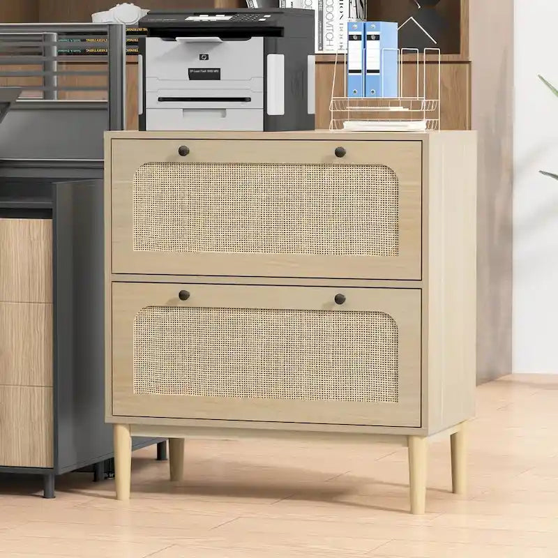 2-Drawer Wood and Rattan Lateral File Cabinet with Adjustable Hanging Bar for Letter, A4 and Legal Size Files