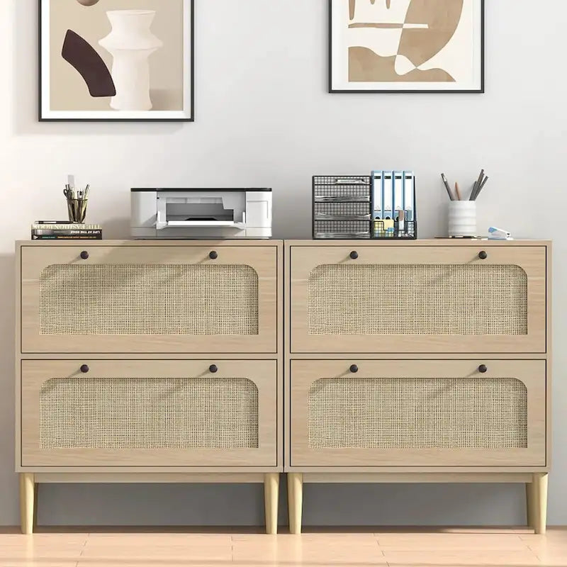 2-Drawer Wood and Rattan Lateral File Cabinet with Adjustable Hanging Bar for Letter, A4 and Legal Size Files