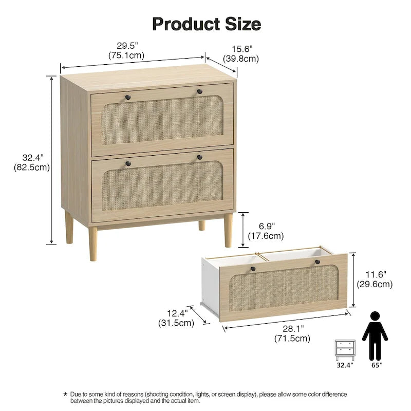 2-Drawer Wood and Rattan Lateral File Cabinet with Adjustable Hanging Bar for Letter, A4 and Legal Size Files