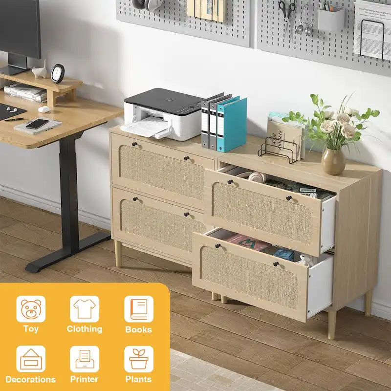 2-Drawer Wood and Rattan Lateral File Cabinet with Adjustable Hanging Bar for Letter, A4 and Legal Size Files
