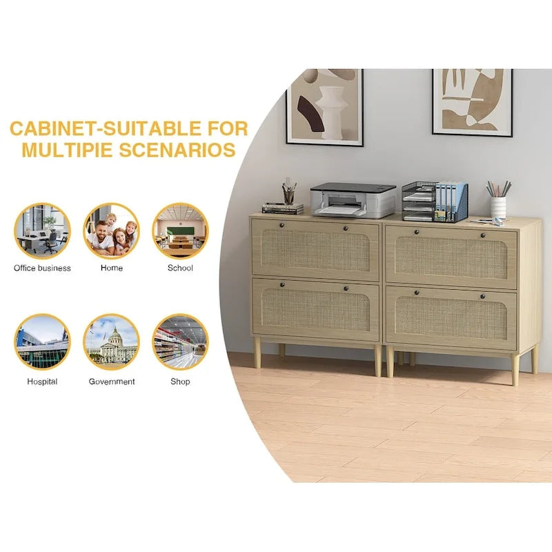 2-Drawer Wood and Rattan Lateral File Cabinet with Adjustable Hanging Bar for Letter, A4 and Legal Size Files
