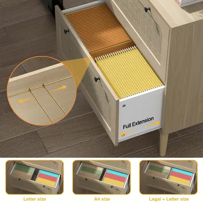 2-Drawer Wood and Rattan Lateral File Cabinet with Adjustable Hanging Bar for Letter, A4 and Legal Size Files