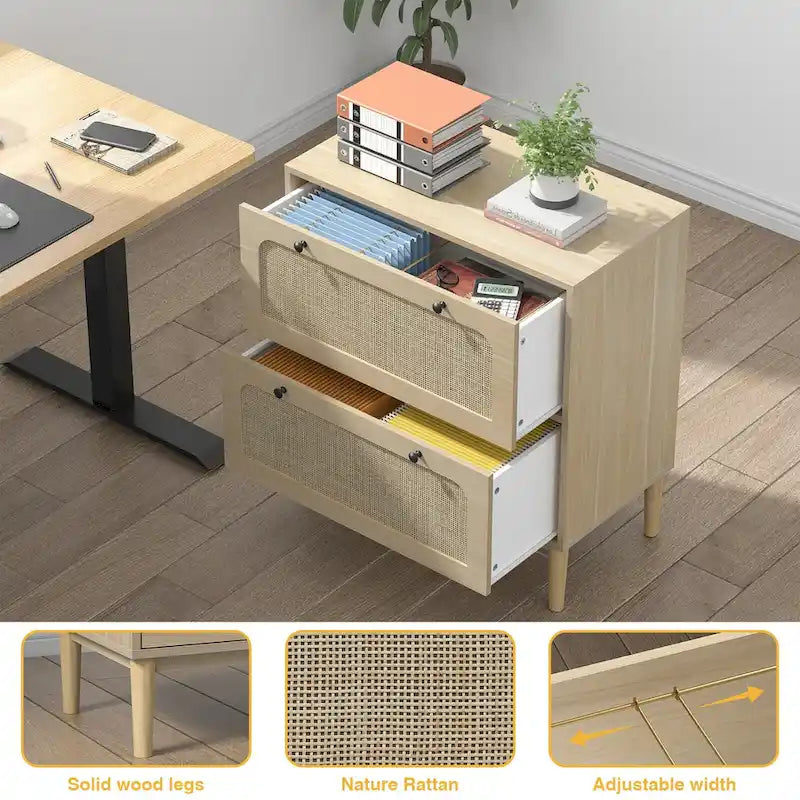 2-Drawer Wood and Rattan Lateral File Cabinet with Adjustable Hanging Bar for Letter, A4 and Legal Size Files