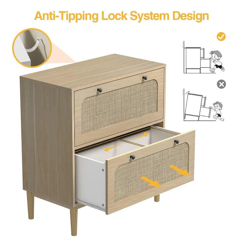 2-Drawer Wood and Rattan Lateral File Cabinet with Adjustable Hanging Bar for Letter, A4 and Legal Size Files
