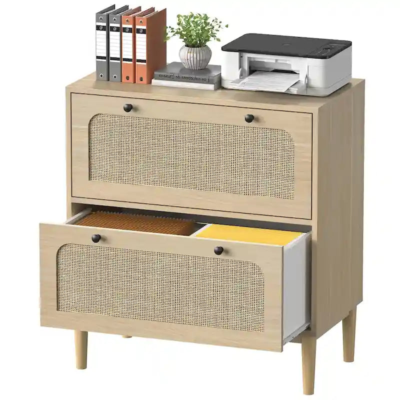 2-Drawer Wood and Rattan Lateral File Cabinet with Adjustable Hanging Bar for Letter, A4 and Legal Size Files
