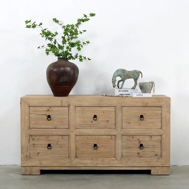 Handcrafted 6-Drawer Wood Sideboard with Weathered Natural Pine Finish, 68x18x35H