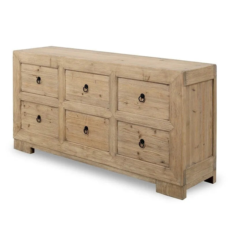 Handcrafted 6-Drawer Wood Sideboard with Weathered Natural Pine Finish, 68x18x35H