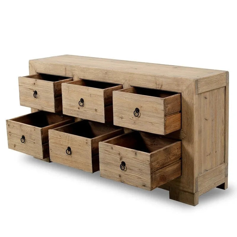 Handcrafted 6-Drawer Wood Sideboard with Weathered Natural Pine Finish, 68x18x35H